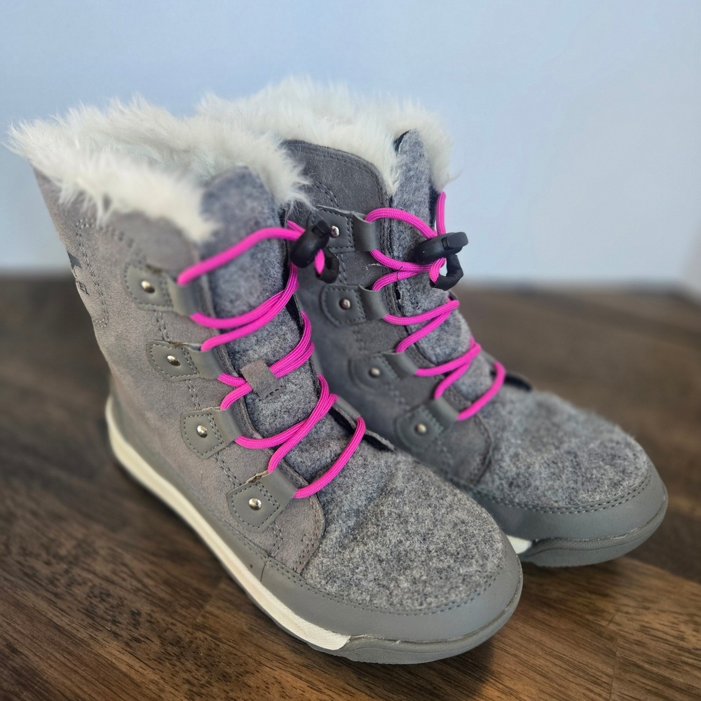 Sorel Whitney Kids Grey Suede Felt Waterproof Winter Boots Pink Bungee Faux Fur